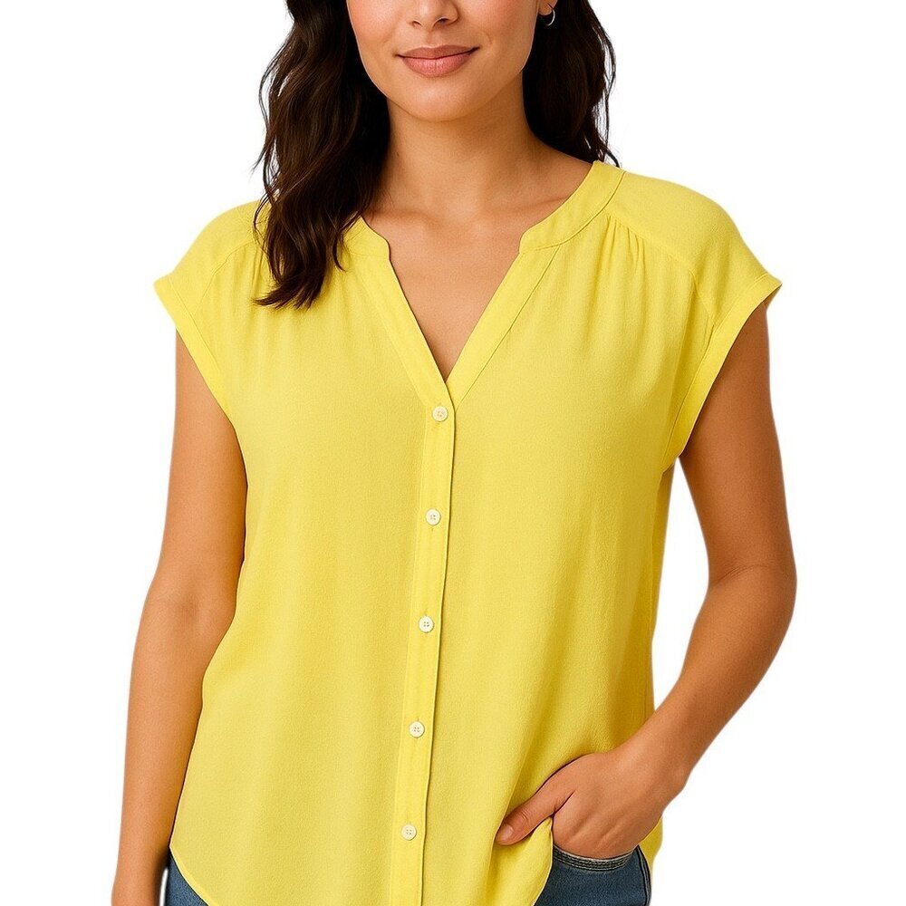 LOFT Yellow Button-Up Cap Sleeve Linen Blend Top, Size Medium - NWT